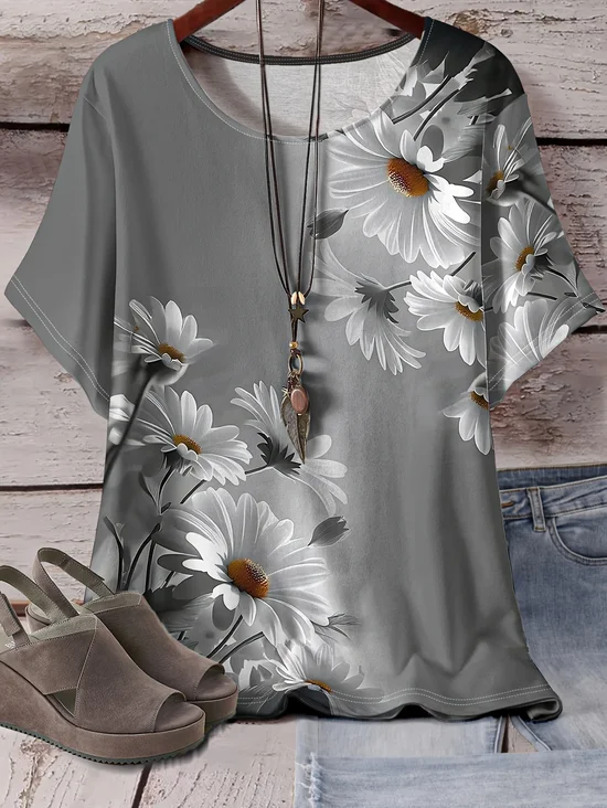 Women's Short Sleeve T-shirt Summer Gray Floral Printing Crew Neck Daily Going Out Casual Top