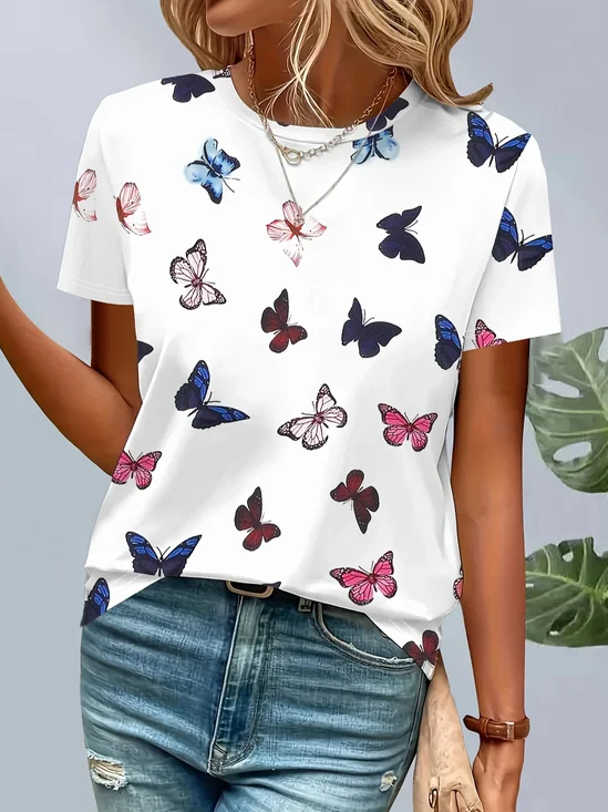 Women's Butterfly Print Casual Round Neck Short Sleeve T-Shirt