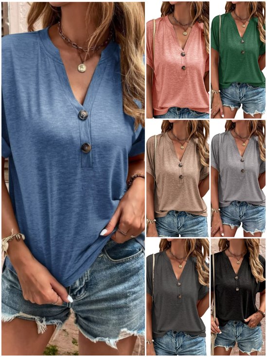 Women's Short Sleeve T-shirt Summer Blue Plain Cotton V Neck Daily Going Out Casual Top