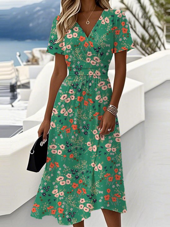 Casual V Neck Regular Fit Floral Dress With No