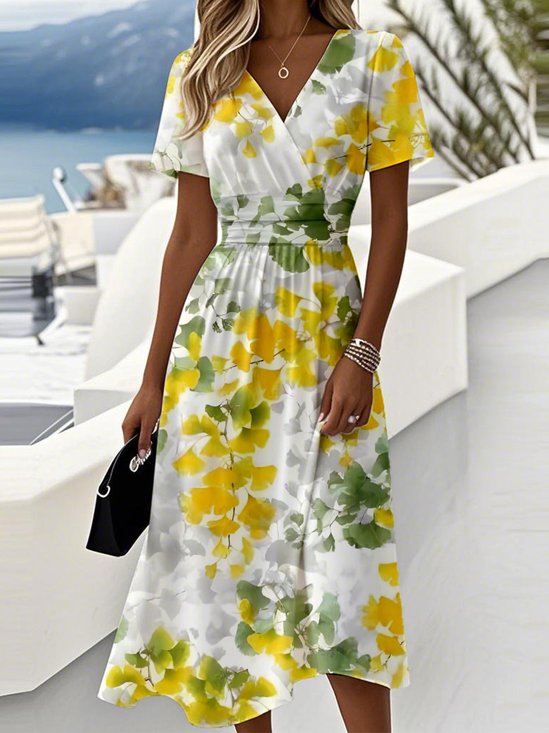 Leaf Casual V Neck Dress With No