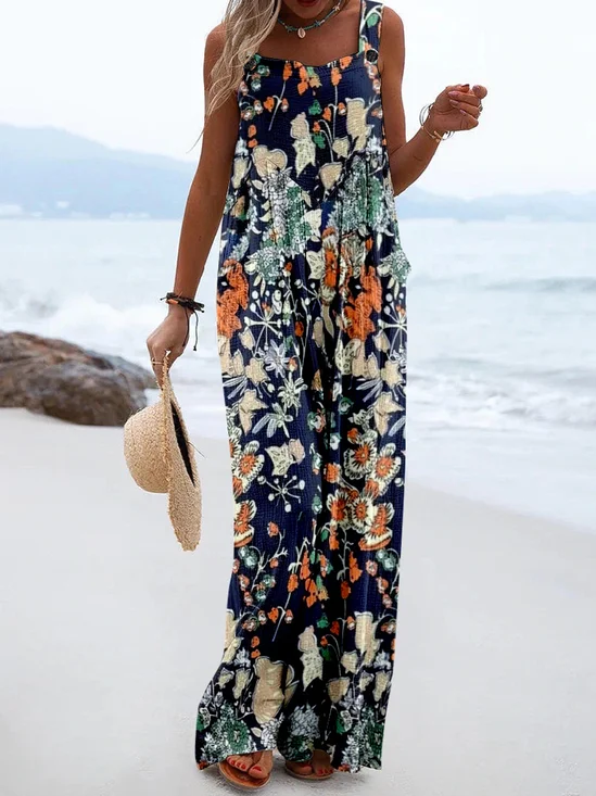 Others Botanical Pattern Casual Linen Blend Jumpsuit