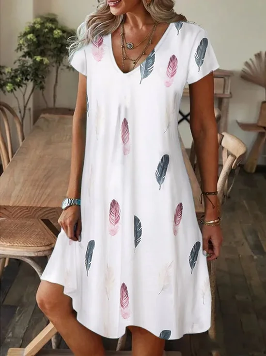 Cotton Feather Pattern V Neck Casual Dress With No
