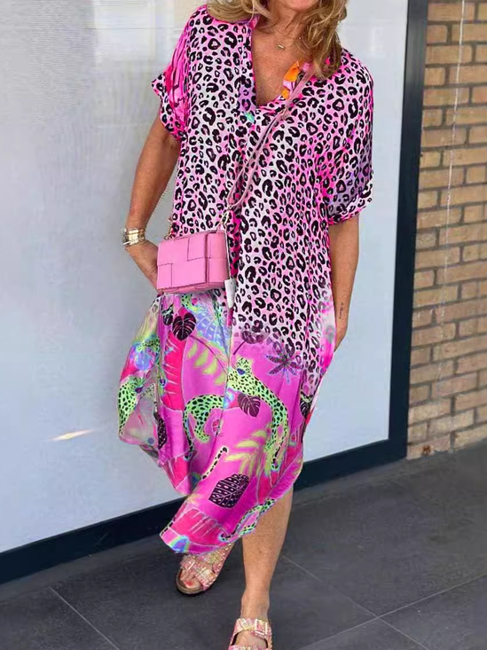 Women's short-sleeved summer purple leopard print plant half-open collar loose V-neck print color matching cheetah pocket slits daily outing casual mid-length dress