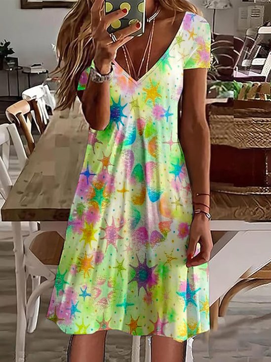 Casual V-Neck Printed Short-Sleeved Dress