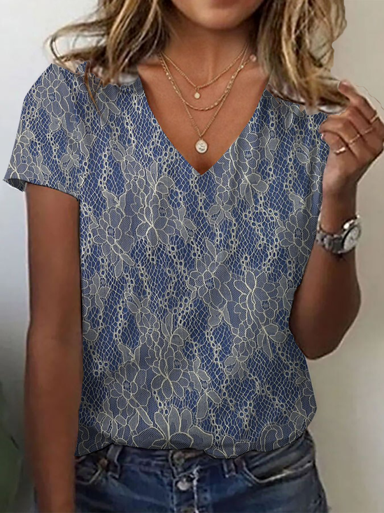Women's Floral Print Casual V-Neck Short Sleeve T-Shirt