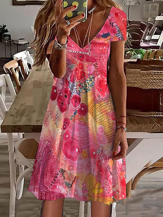 Casual V-Neck Printed Short-Sleeved Dress