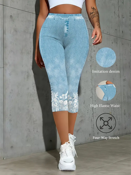 Regular Fit Casual Faux Denim Print Graphic Pants