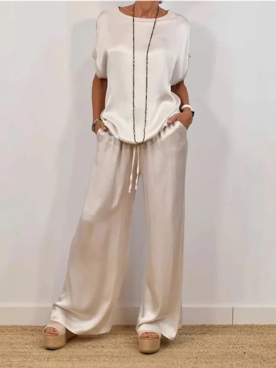 Women's Plain Daily Going Out Two-Piece Set White Casual Summer Top With Pants Matching Set