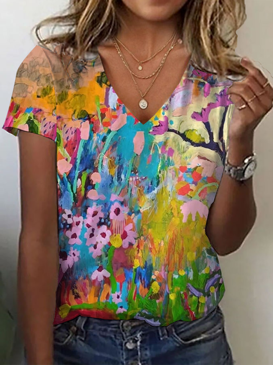 Women's Floral Print Casual V-Neck Short Sleeve T-Shirt