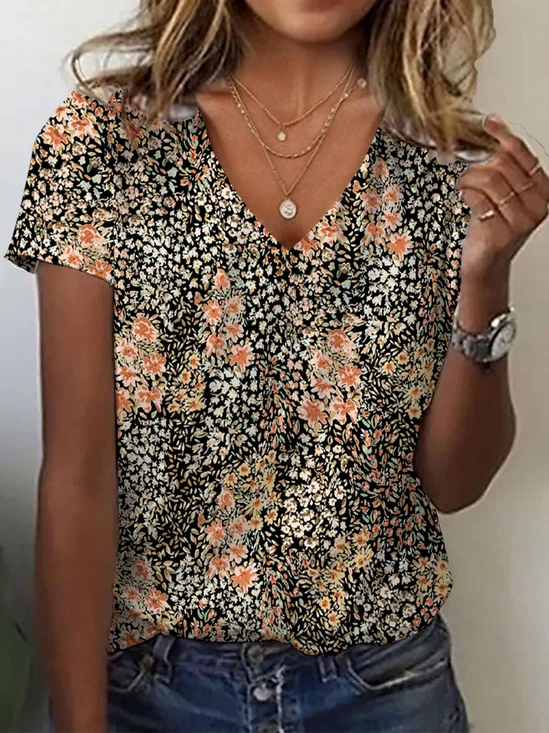Women's Floral Print Casual V-Neck Short Sleeve T-Shirt