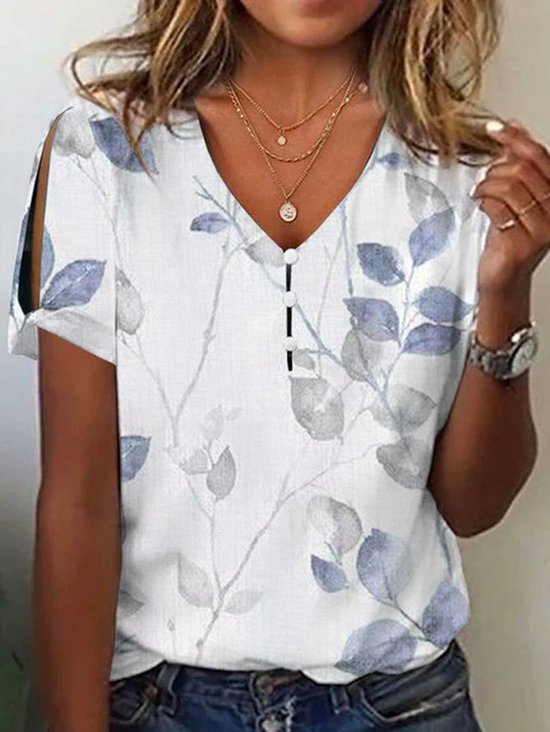 Print Casual V Neck Short Sleeve T-Shirt
