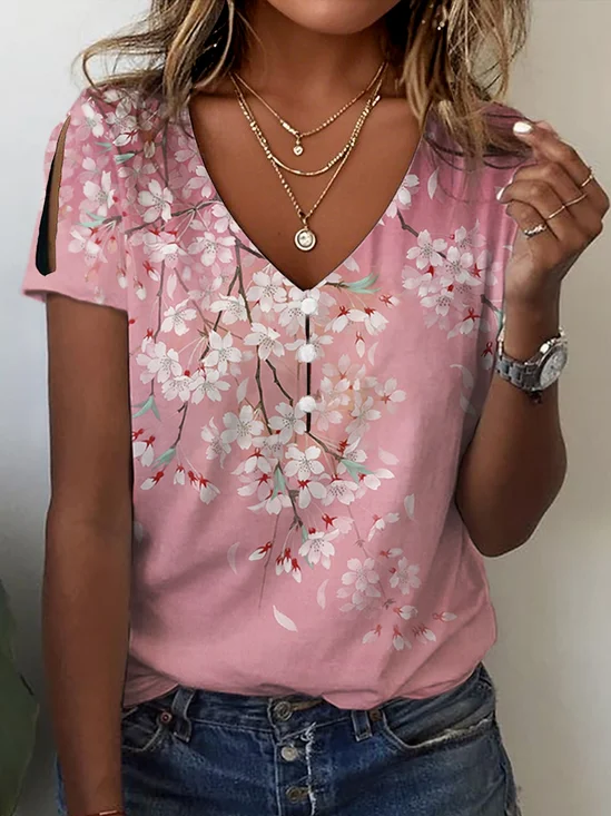 Print Casual V Neck Short Sleeve T-Shirt