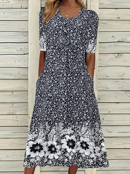 Women's Short Sleeve Summer Black Floral Printing Crew Neck Daily Going Out Casual Maxi H-Line Shift Dress Dress