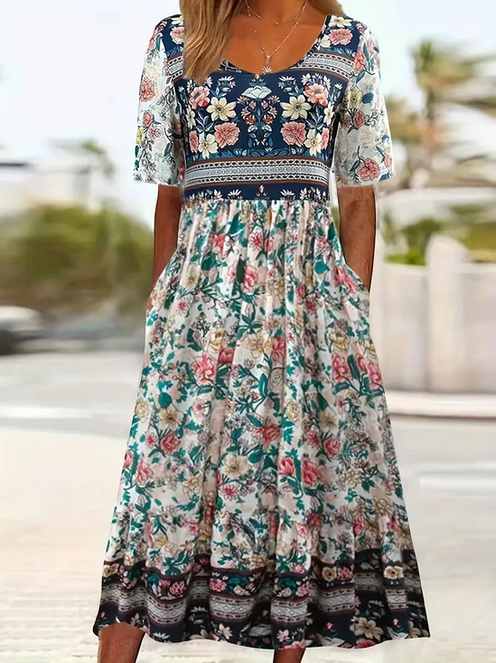 Women's Short Sleeve Summer As Picture Floral Printing Crew Neck Daily Going Out Casual Maxi H-Line Shift Dress Dress