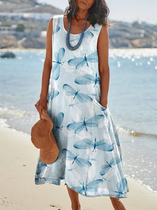 Blue Dragonfly Print Womens Pocket Pinafore Linen Dress