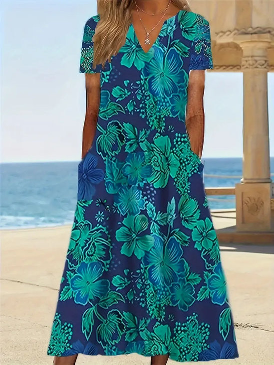 Women's Short Sleeve Summer Cyan Floral Printing V Neck Daily Going Out Casual Maxi H-Line Fit & Flare Dress Dress