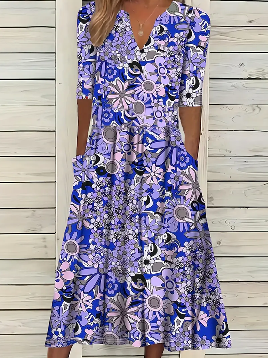 Women's Short Sleeve Summer Purple Floral Printing V Neck Daily Going Out Casual Maxi H-Line Fit & Flare Dress Dress