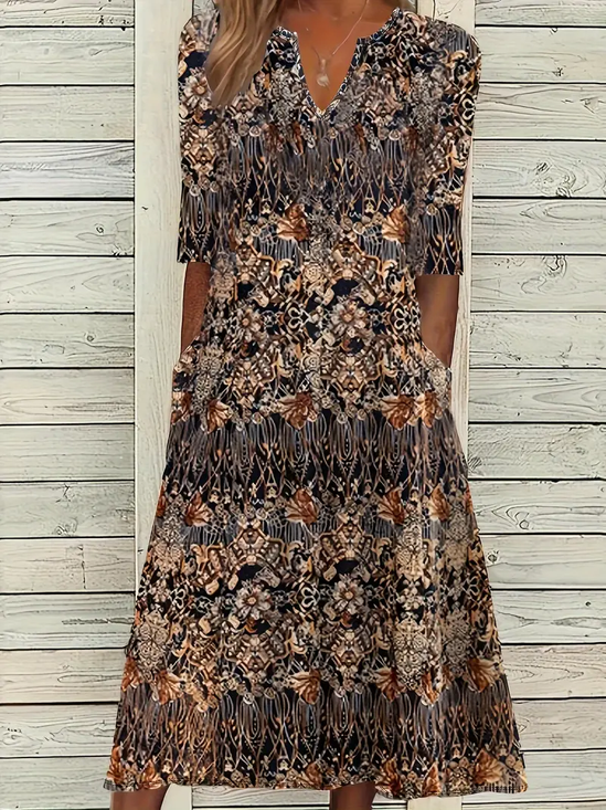 Women's Short Sleeve Summer Brown Floral Printing V Neck Daily Going Out Casual Maxi H-Line Fit & Flare Dress Dress