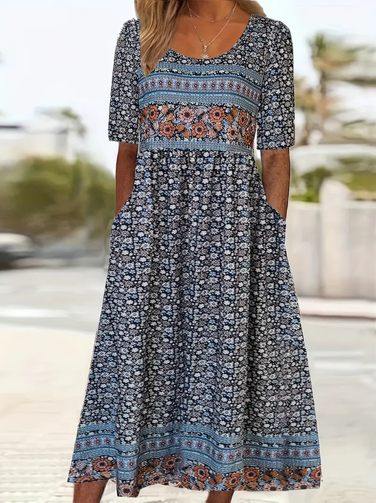 Women's Short Sleeve Summer Purplish blue Floral Printing Crew Neck Daily Going Out Casual Maxi H-Line Shift Dress Dress