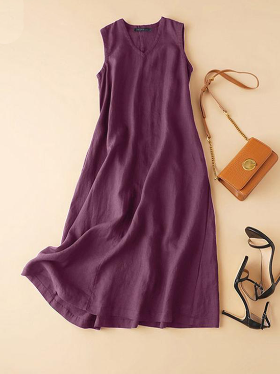 Cotton Dress Women Summer V-neck Sleeveless