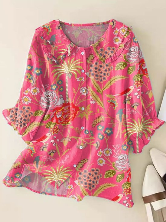Women Vintage Flowers Art Print Loose Top Peter Pan Collar Half Sleeve Blouses