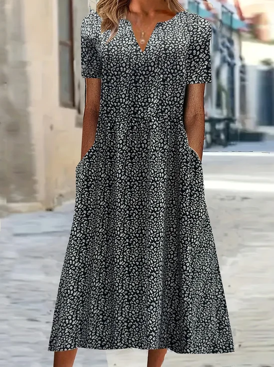 Women's Short Sleeve Summer Black Leopard Printing V Neck Daily Going Out Casual Maxi H-Line Fit & Flare Dress Dress