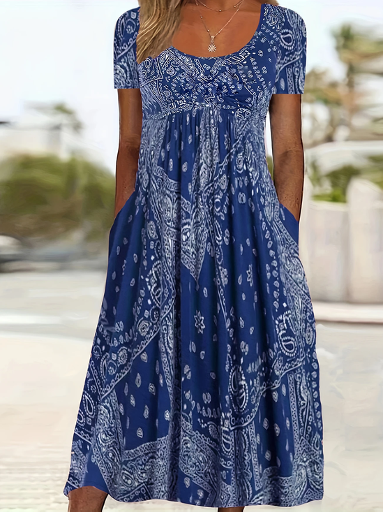 Women's Short Sleeve Summer Purplish blue Floral Printing Crew Neck Daily Going Out Casual Maxi H-Line Shift Dress Dress