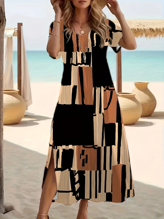 Women's Geometric Print Casual Round Neck Short Sleeve Slit Dress