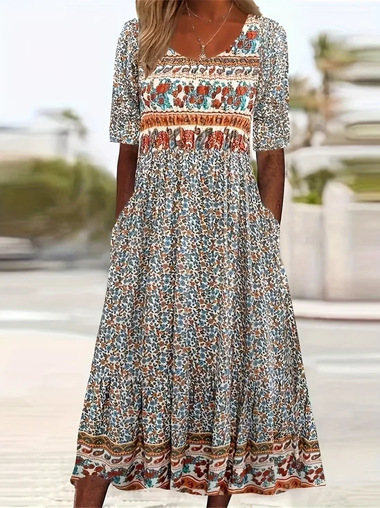 Women's Short Sleeve Summer As Picture Floral Printing Crew Neck Daily Going Out Casual Maxi H-Line Shift Dress Dress