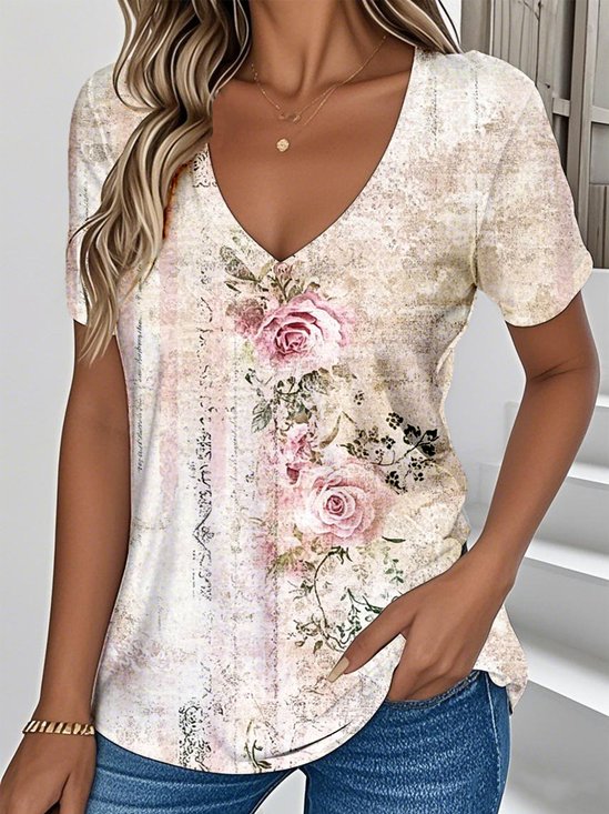 V Neck Floral Vintage Loose T-Shirt