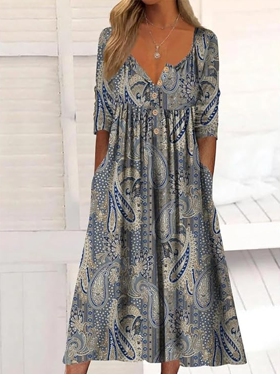 Women's Paisley Print Casual Button Dress