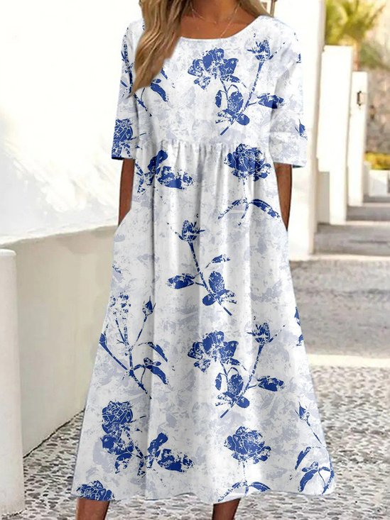 Floral Casual Loose Crew Neck Dress With No