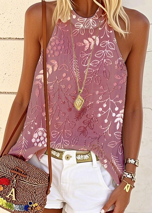 Regular Fit Vintage Botanical Pattern Halter T-Shirt