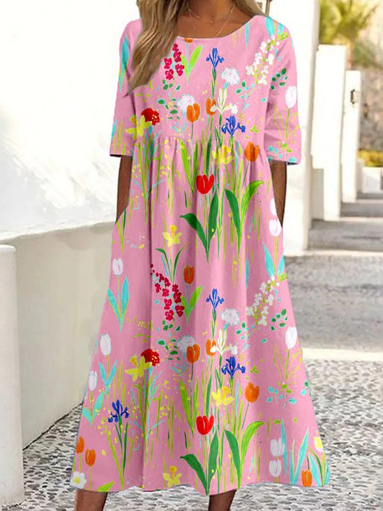 Crew Neck Casual Loose Floral Dress With No