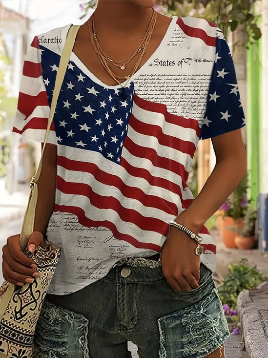 Women's Independence Day Printed Casual V-Neck Short Sleeve T-Shirt