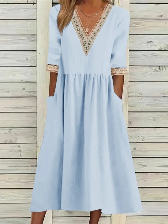 Women's Half Sleeve Summer Light Blue Plain Split Joint V Neck Daily Going Out Casual Maxi A-Line Fit & Flare Dress Dress