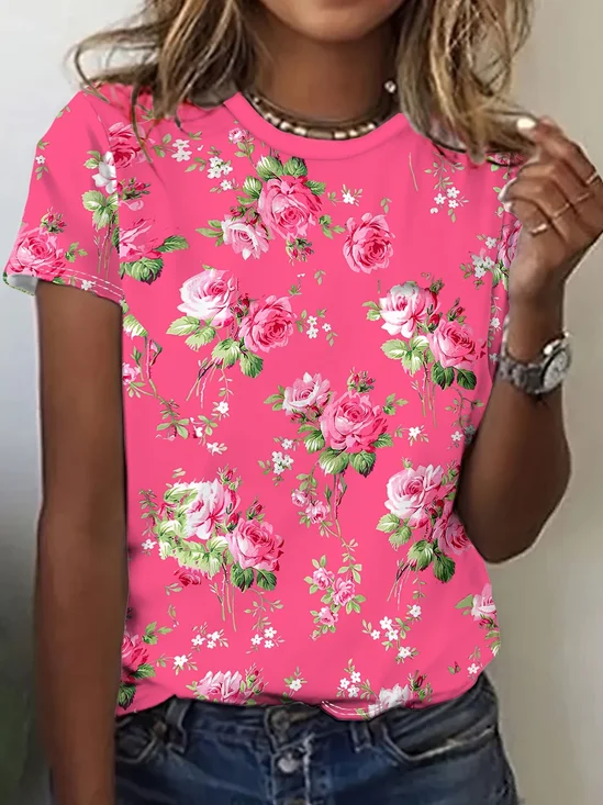 Women's Floral Print Casual Crew Neck Short Sleeve T-Shirt