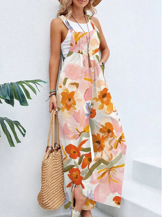 Women's Artistic Floral Casual Cotton And Linen Jumpsuit