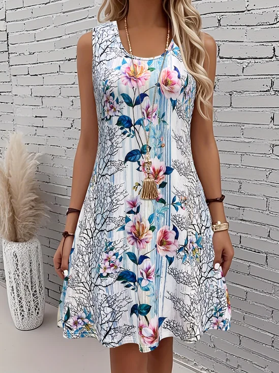 Regular Fit Floral Crew Neck Vintage Dress With No
