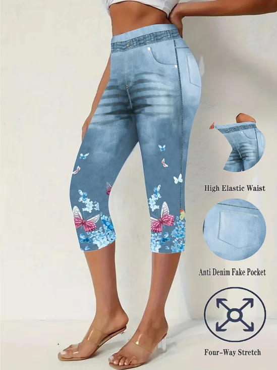 Tight Casual Faux Denim Print Graphic Cotton-Blend Leggings