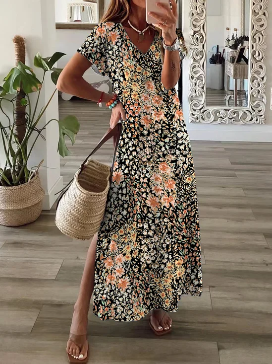 Women's Floral Print Casual V-Neck Short Sleeve Dress