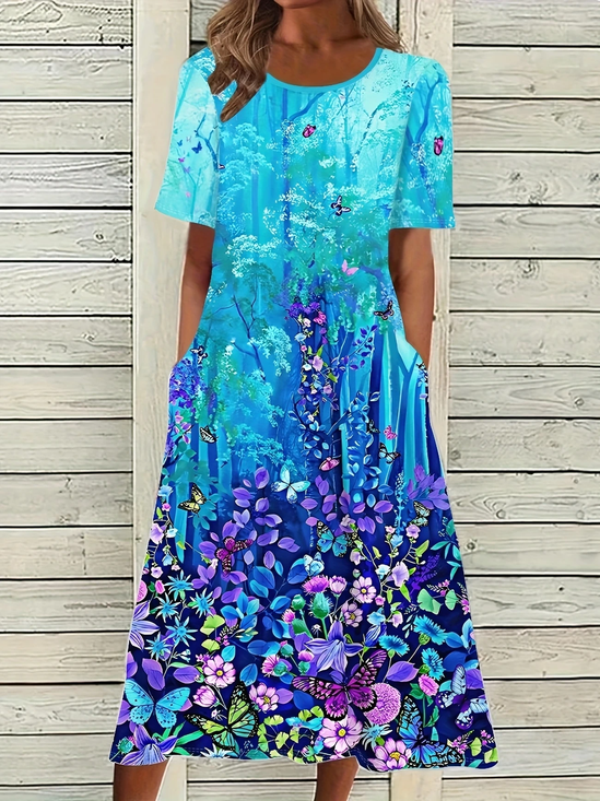 Women's Floral Butterfly Print Casual Crew Neck Dress