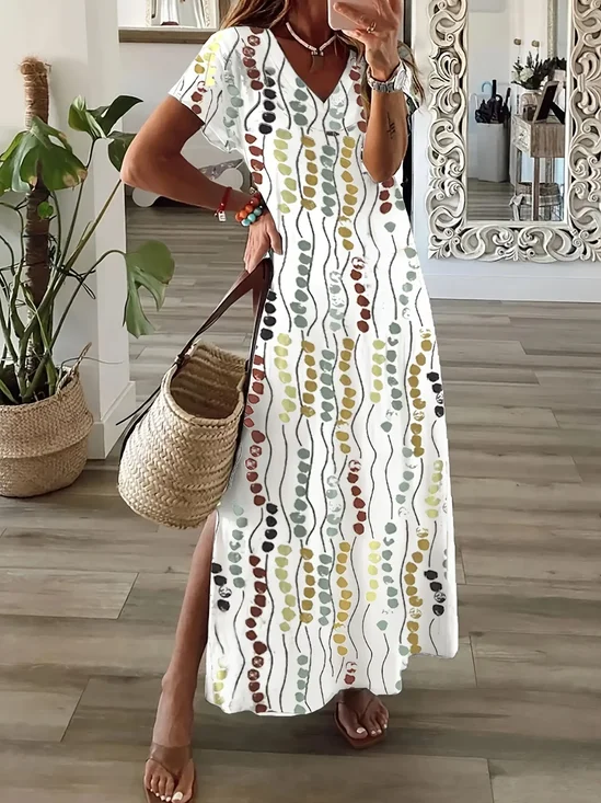 Women's Abstract Polka Dot Print Casual V-Neck Short Sleeve Dress