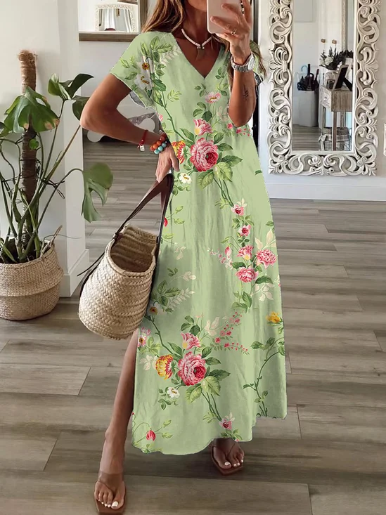 Women's Floral Print Casual V-Neck Short Sleeve Dress