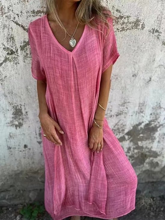 Women's Short Sleeve Summer Pink Plain Split Joint V Neck Daily Going Out Vintage Maxi A-Line Tank Dress