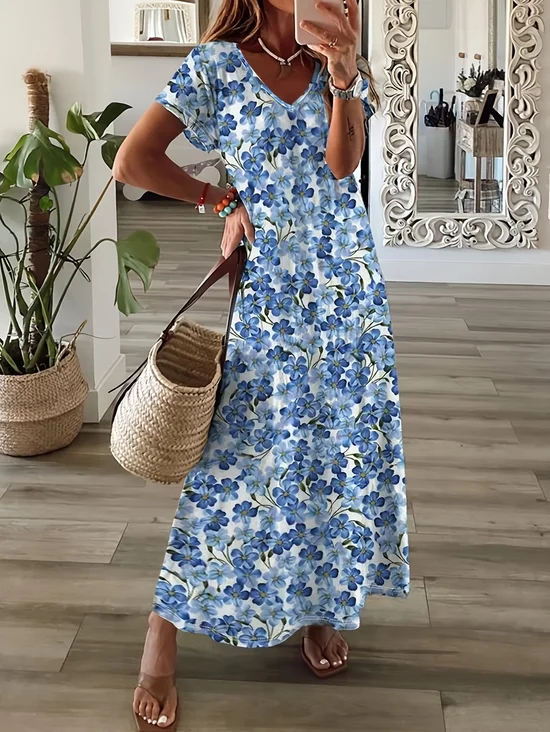 Women's Floral Print Casual V-Neck Short Sleeve Dress