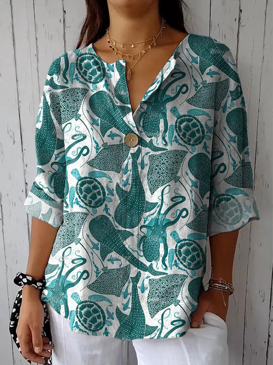 Loose Marine Life Cotton Elegant Blouse