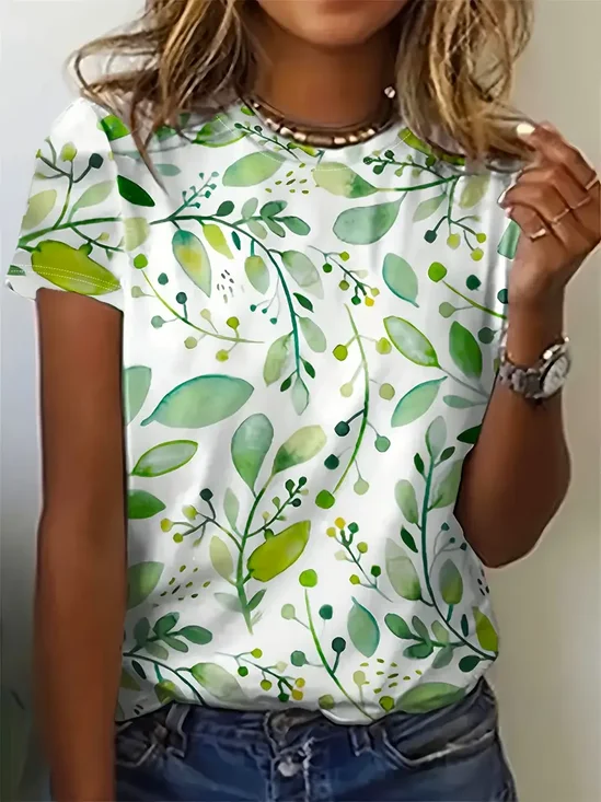 Women's Floral Print Casual Crew Neck Short Sleeve T-Shirt
