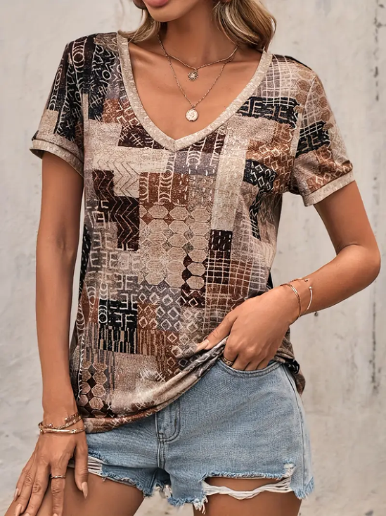 Women's Geometric Print Casual V-Neck Short Sleeve T-Shirt